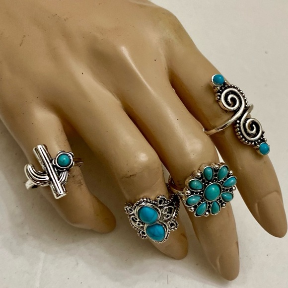 Vintage 4pc Silver Tone- Faux Turquoise Rings (I) - Picture 5 of 13